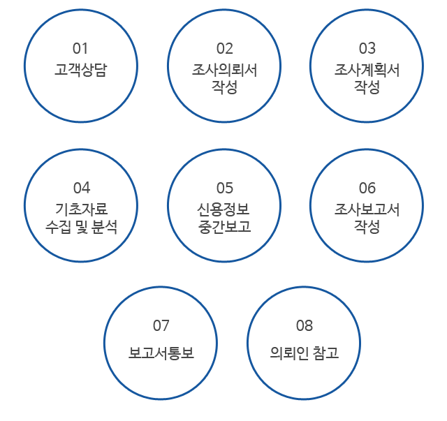 고객상담, 조사의뢰서 작성, 조사계획서 작성, 기초자료 수집 및 분석, 신용정보 중간보고, 조사보고서 작성, 보고서통보, 의뢰인 참고